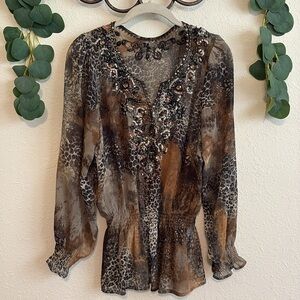 Vintage y2k boho beaded animal print blouse